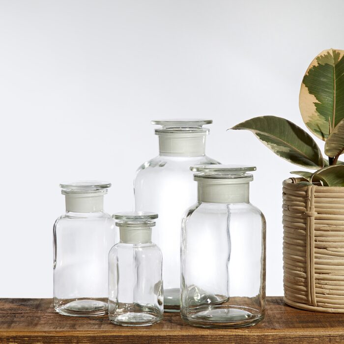 A selection of clear glass apothecary Jars